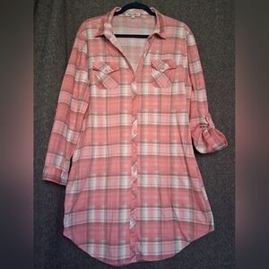 White Mark Pink Plaid Duster Shirt L Button Front Roll Tab Sleeves Lightweight